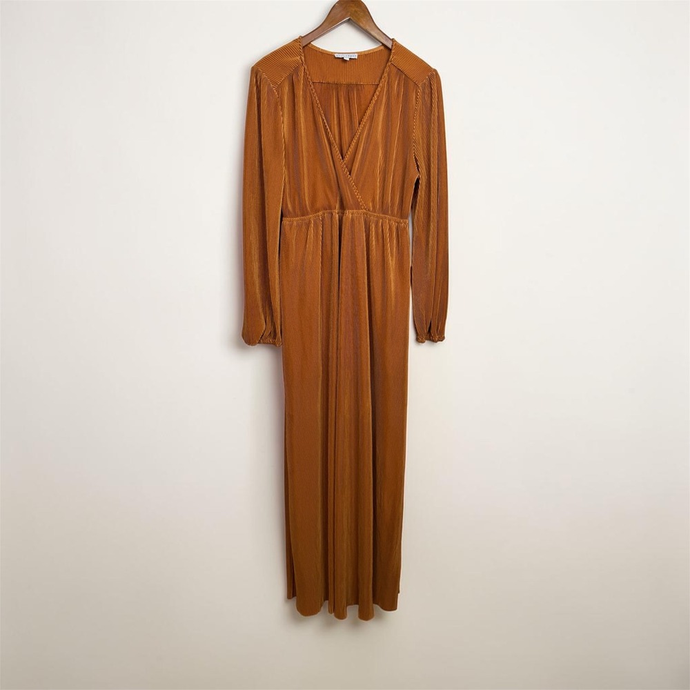 Baltic Born Rust Orange Pleated Maxi Dress Long Sleeve V-Neck Large